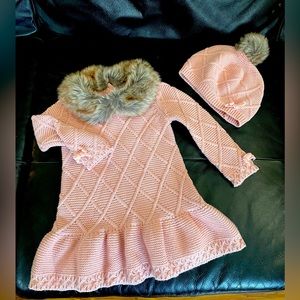 Girls 12 month dress with faux fur collar and cute buret hat.